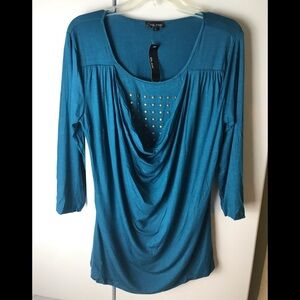 Gilani NEW Drape Ruched Flowy Top Stretch Tee Studs Cowl Neck Casual Shirt Tag L